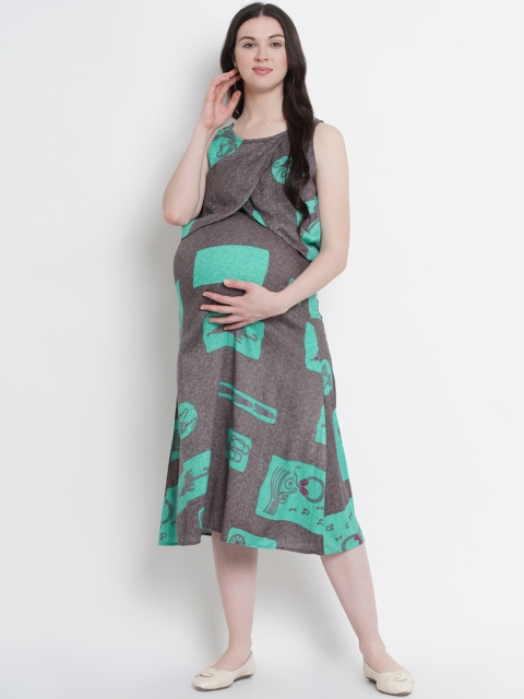 

Mine4Nine Turquoise Blue & Grey Abstract Printed Maternity A-Line Midi Dress