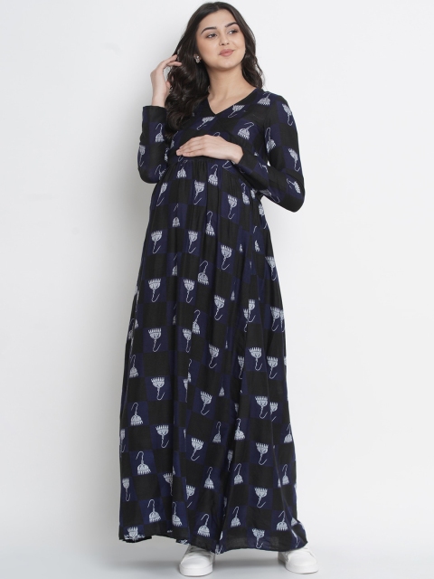 

Mine4Nine Blue & Off White Geometric Printed Maternity Maxi Dress