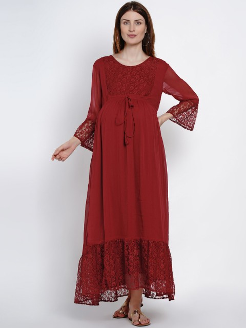 

Mine4Nine Red-Coloured Self Design Lace Maternity Maxi Dress