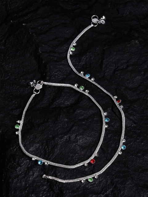 

PANASH Set Of 2 Oxidised Silver-Plated Green & Blue CZ Studded Anklets