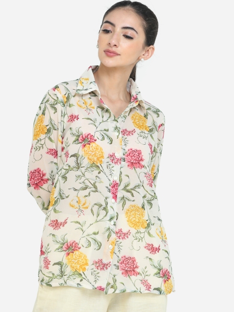 

DECHEN Women Cream-Coloured Floral Semi-Sheer Printed Casual Shirt