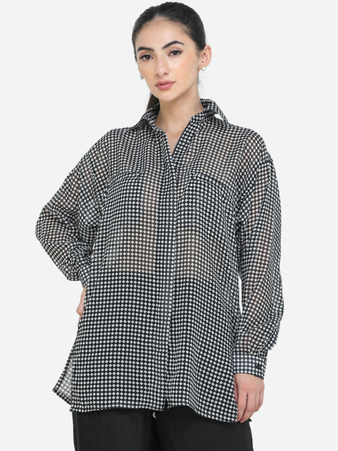 

DECHEN Women Black Gingham Checks Opaque Casual Shirt