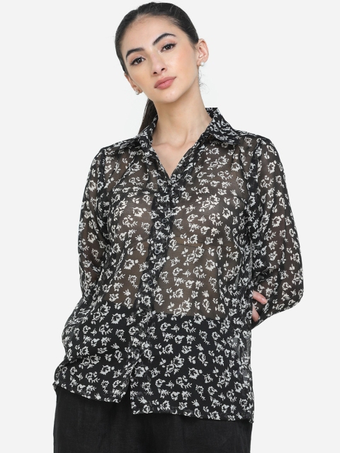 

DECHEN Women Black Floral Sheer Printed Casual Shirt