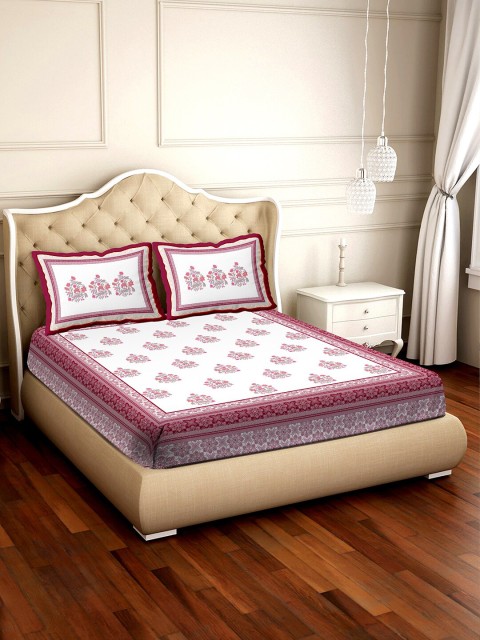 

BELLA CASA Pink & White Floral 180 TC Pure Cotton King Bedsheet with 2 Pillow Covers