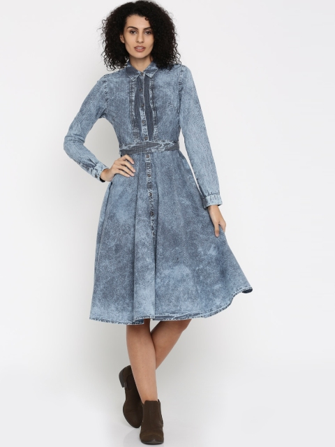 

Tokyo Talkies Women Blue Self Design Fit and Flare Dress