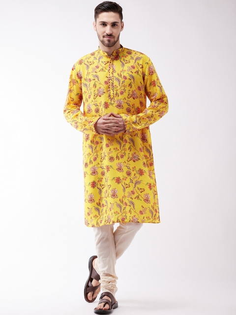 

VASTRAMAY Men Yellow & Pink Floral Printed Kurta with Pyjamas