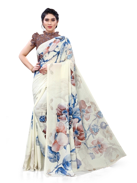 

MIRCHI FASHION Off White & Blue Floral Printed Bagh Saree