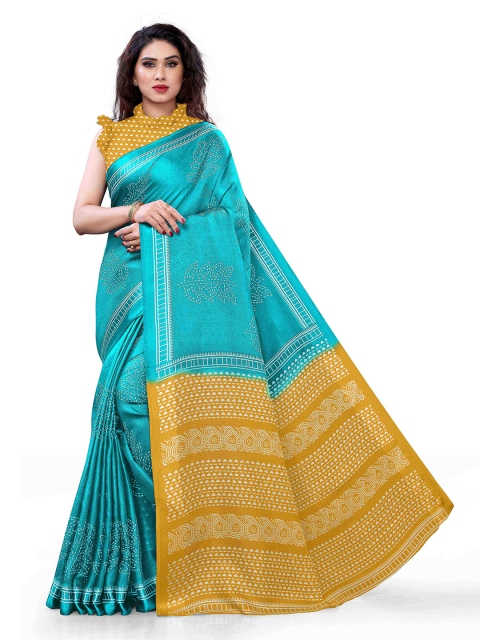 

KALINI Turquoise Blue & Yellow Jute Cotton Saree