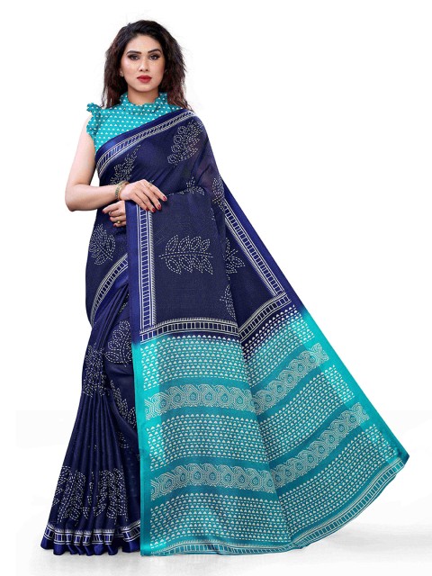 

KALINI Navy Blue & White Floral Jute Cotton Saree