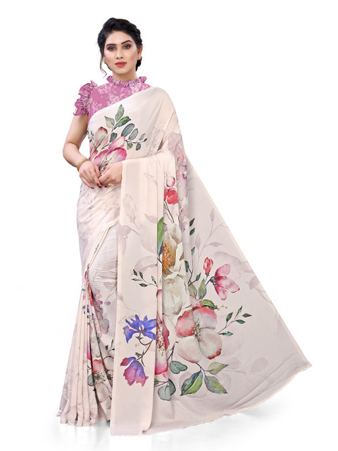 

MIRCHI FASHION Cream-Coloured & Pink Floral Bagh Saree