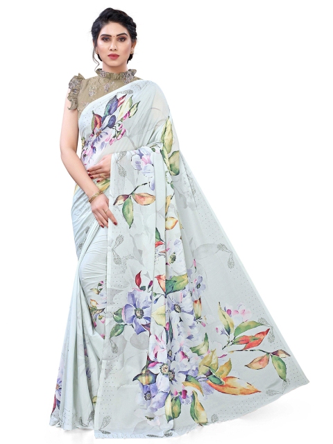 

Mirchi Fashion Off White & Blue Floral Printed Bagh Saree