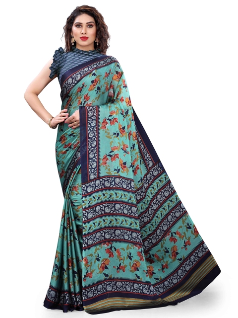 

KALINI Teal & Orange Floral Printed Bagh Saree