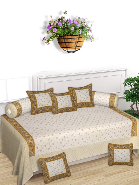 

Kuber Industries 8 Pieces Cream-Coloured & Yellow Printed Cotton Diwan Set