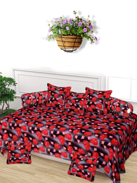 

Kuber Industries 8 Pieces Black & Red Floral Printed Cotton Diwan Set