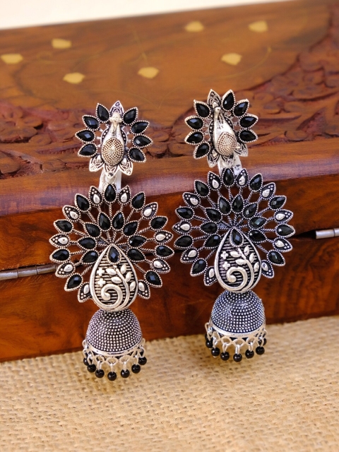

Crunchy Fashion Black & Silver-Toned Kundan Contemporary Jhumkas Earrings