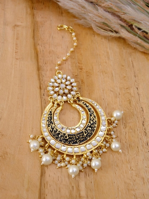 

Crunchy Fashion Gold-Plated Black & White Kundan-Studded & Pearl Beaded Maang Tikka