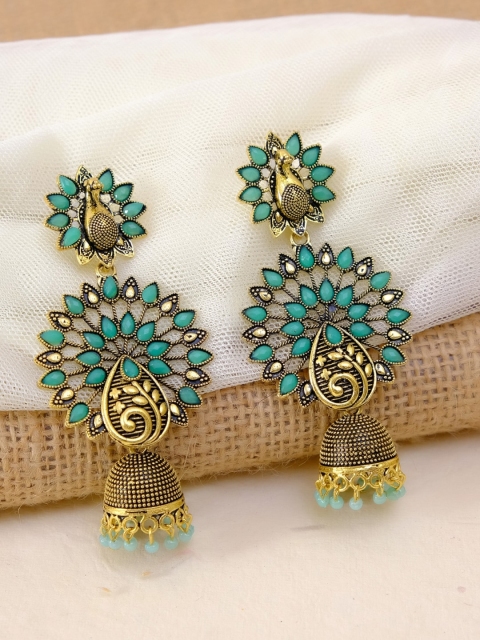 

Crunchy Fashion Turquoise Blue & Gold-Plated Contemporary Peacock Jhumkas Earrings