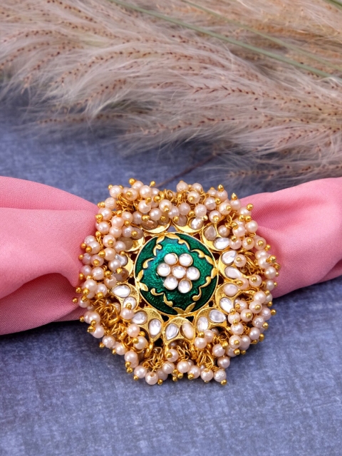 

Crunchy Fashion Gold-Plated Green & White Kundan-Studded & Pearl-Beaded Meenakari Adjustable Finger Ring