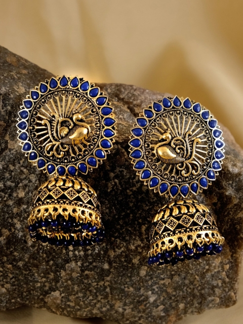 

Crunchy Fashion Blue & Gold-Plated Antique Peacock-Shaped Jhumkas Earrings