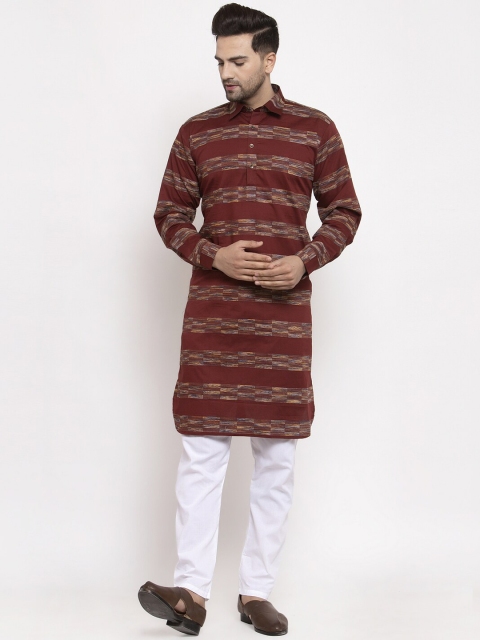 

Jompers Men Brown & Beige Pure Cotton Striped Kurta with Pyjamas