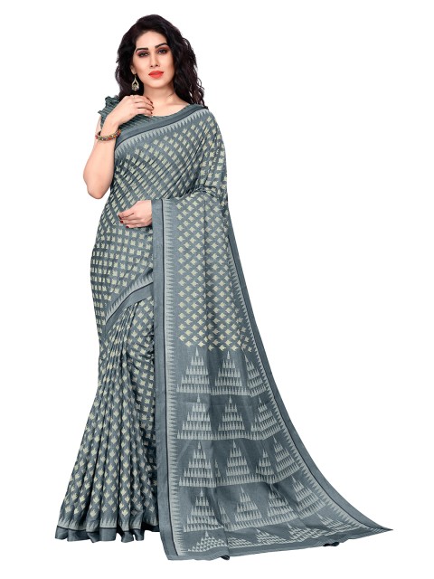 

KALINI Grey & Cream-Coloured Silk Blend Block Print Saree