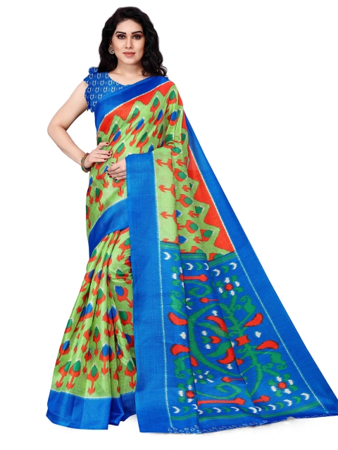 

KALINI Green & Blue Art Silk Block Print Saree