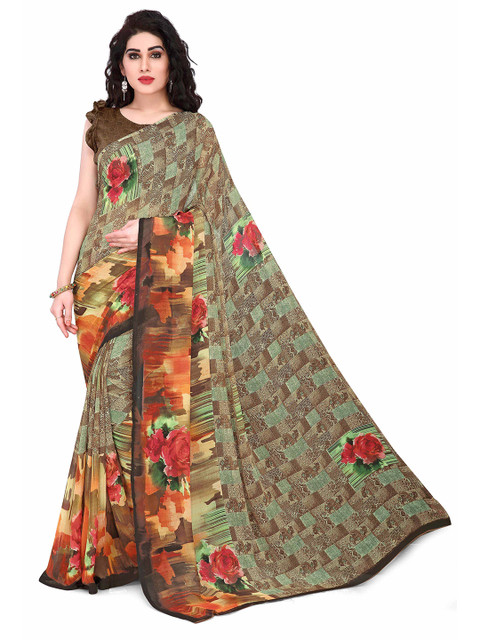 

KALINI Green & Orange Floral Bagh Saree