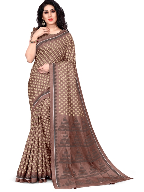 

KALINI Brown & Beige Floral Silk Blend Block Print Saree