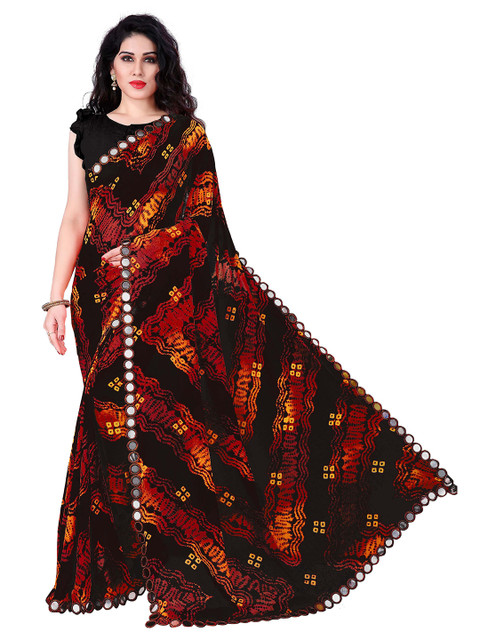 

KALINI Black & Red Bandhani Mirror Work Bandhani Saree