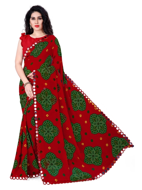 

KALINI Red & Green Bandhani Mirror Work Bandhani Saree