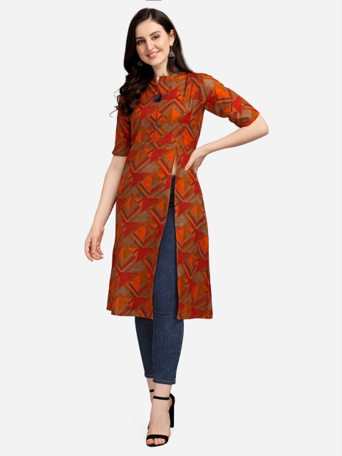 

Youthnic Women Rust Orange Geometric Printed Cotton Kurta