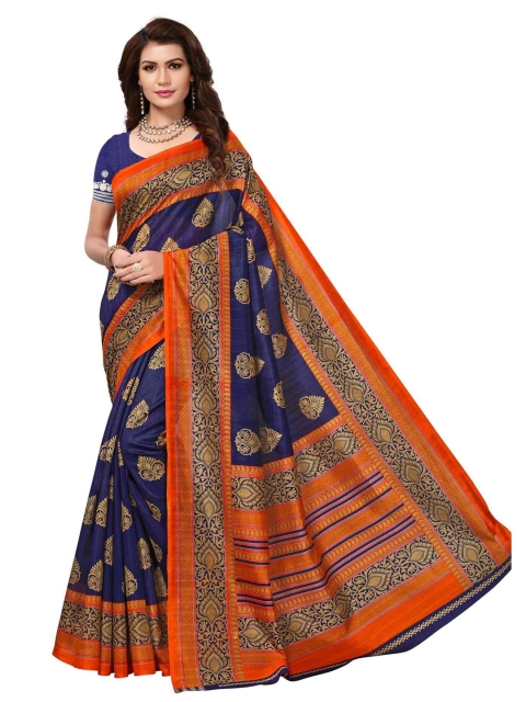 

MOKSHA DESIGNS Blue & Orange Woven Design Pure Silk Kanjeevaram Saree