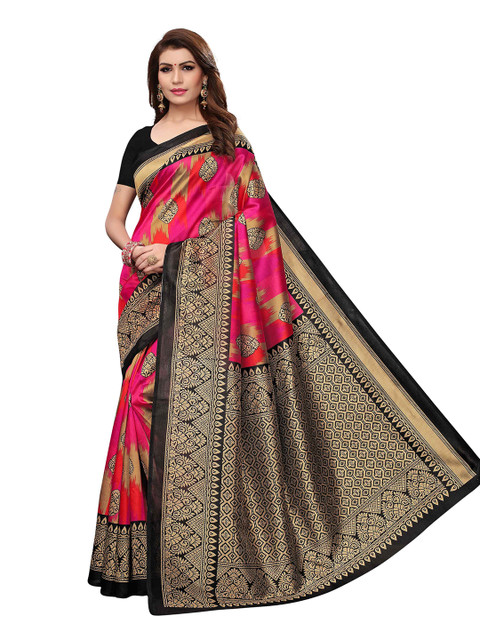

MOKSHA DESIGNS Pink & Black Ethnic Motifs Pure Silk Kanjeevaram Saree