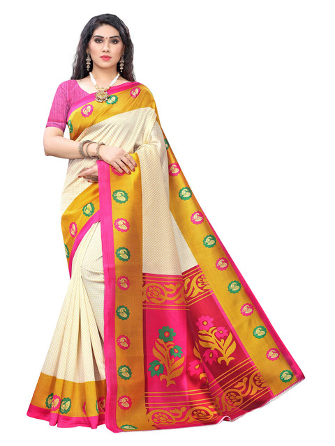 

MOKSHA DESIGNS Cream-Coloured & Magenta Floral Pure Silk Banarasi Saree