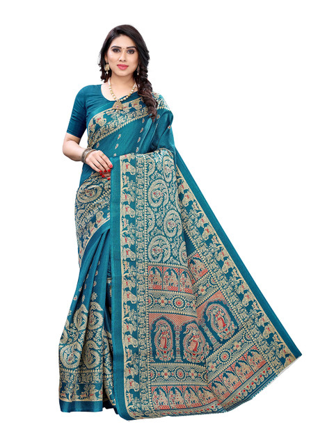

MOKSHA DESIGNS Turquoise Blue & Orange Woven Design Pure Silk Banarasi Saree