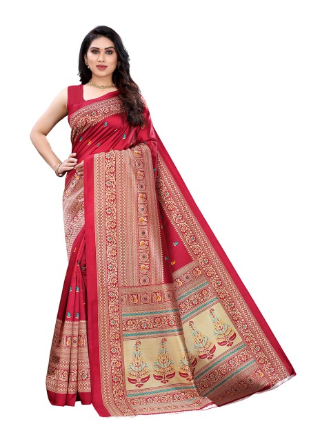 

MOKSHA DESIGNS Red & Blue Ethnic Motifs Pure Silk Kanjeevaram Saree