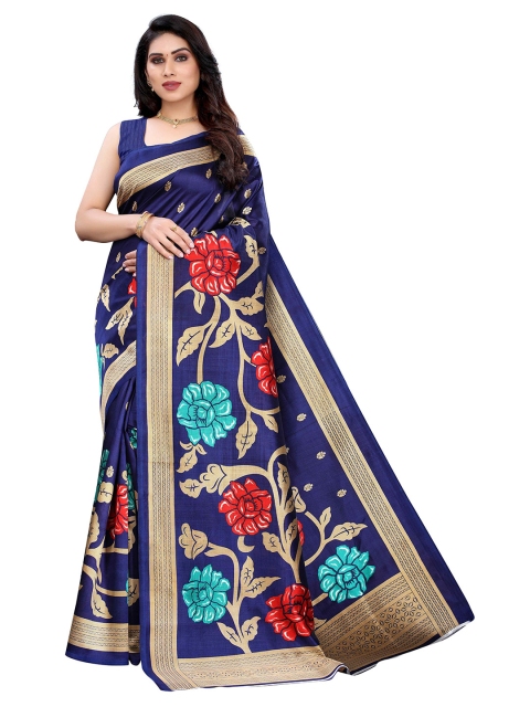 

MOKSHA DESIGNS Navy Blue & Red Ethnic Motifs Pure Silk Kanjeevaram Saree