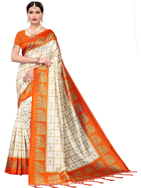 

MOKSHA DESIGNS Orange & Off White Checked Pure Silk Kanjeevaram Saree