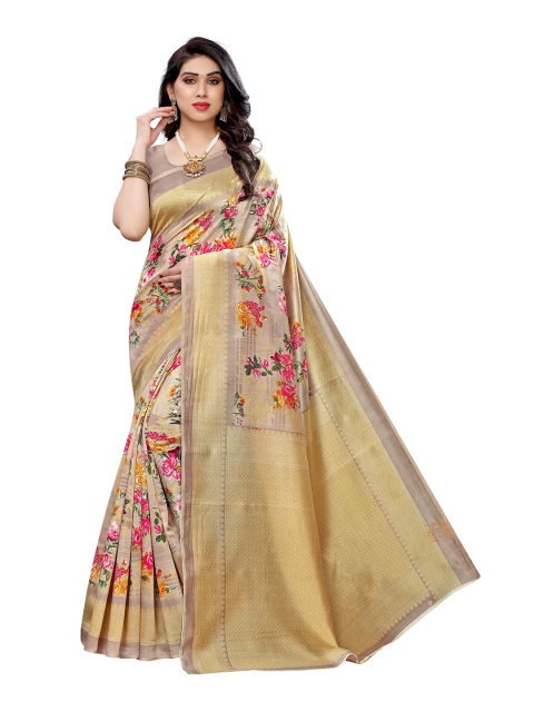 

MOKSHA DESIGNS Mustard & Pink Floral Pure Silk Banarasi Saree