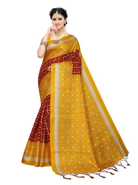 

MOKSHA DESIGNS Maroon & Yellow Checked Pure Silk Banarasi Saree
