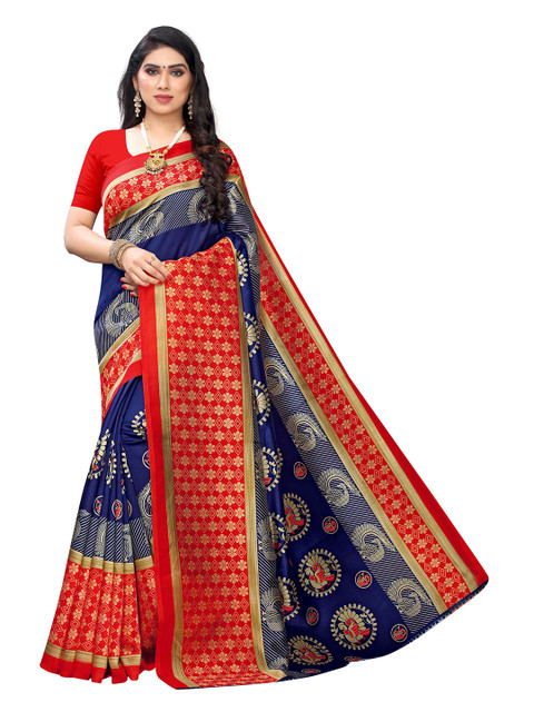 

MOKSHA DESIGNS Navy Blue & Red Ethnic Motifs Pure Silk Banarasi Saree