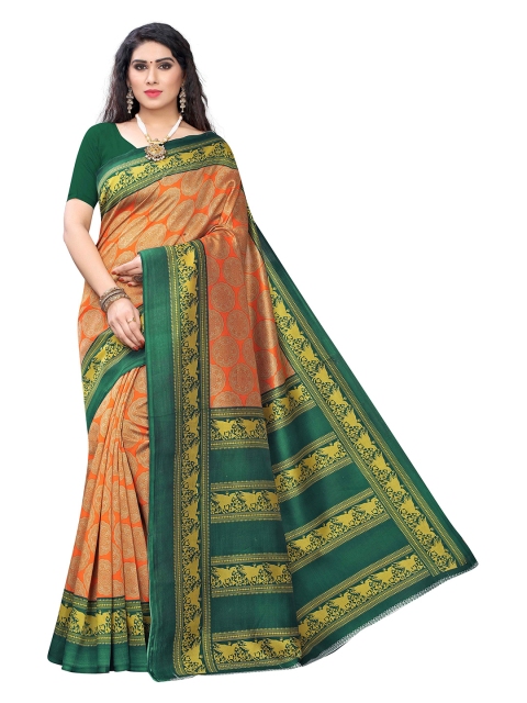 

MOKSHA DESIGNS Orange & Green Ethnic Motifs Pure Silk Kanjeevaram Saree
