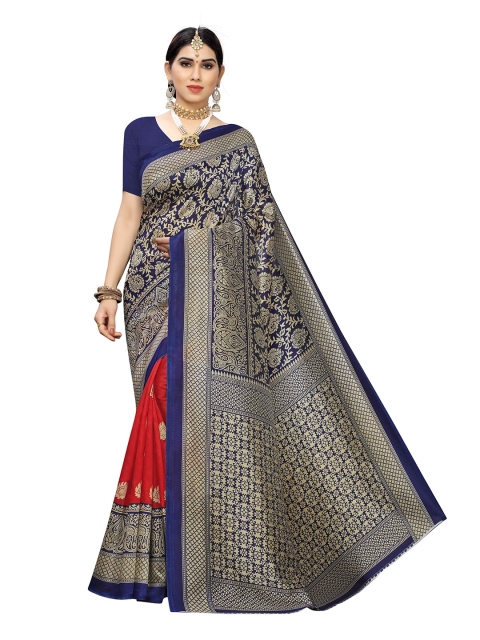 

MOKSHA DESIGNS Red & Navy Blue Ethnic Motifs Pure Silk Kanjeevaram Saree