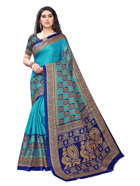 

MOKSHA DESIGNS Turquoise Blue & Brown Ethnic Motifs Pure Silk Kanjeevaram Saree