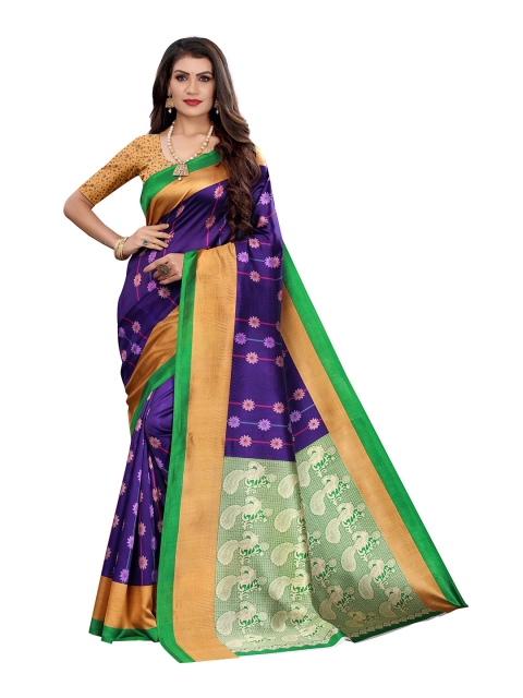 

MOKSHA DESIGNS Blue & Yellow Floral Printed Pure Silk Banarasi Saree