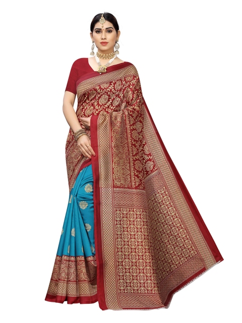 

MOKSHA DESIGNS Turquoise Blue & Red Ethnic Motifs Pure Silk Kanjeevaram Saree