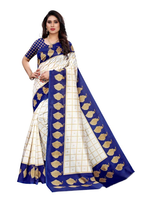 

MOKSHA DESIGNS Navy Blue & White Checked Pure Silk Banarasi Saree