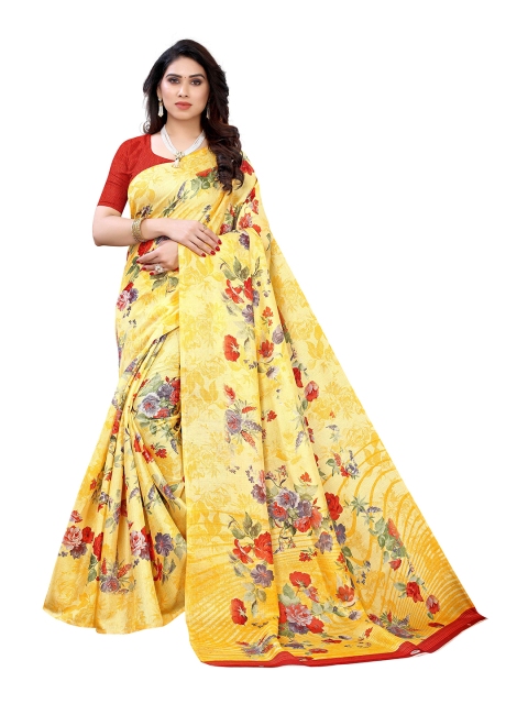 

MOKSHA DESIGNS Yellow & Red Floral Pure Silk Kanjeevaram Saree