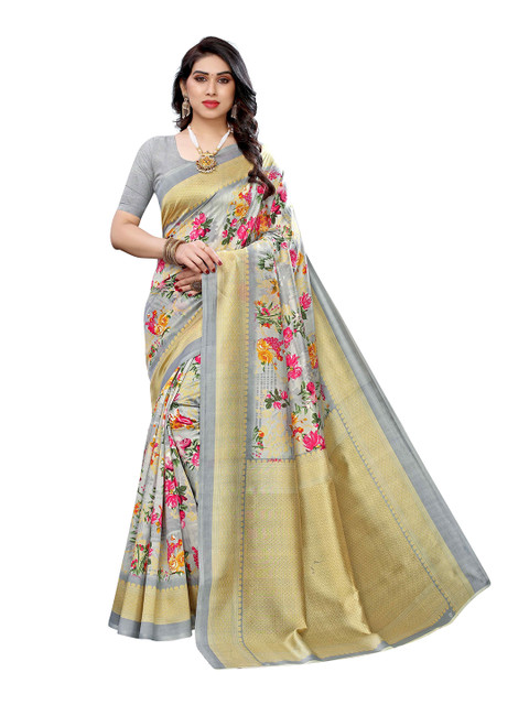

MOKSHA DESIGNS Grey & Gold-Toned Floral Pure Silk Zari Border Banarasi Saree