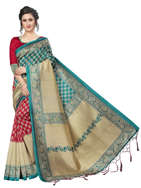 

MOKSHA DESIGNS Red & Teal Ethnic Motifs Pure Silk Banarasi Saree